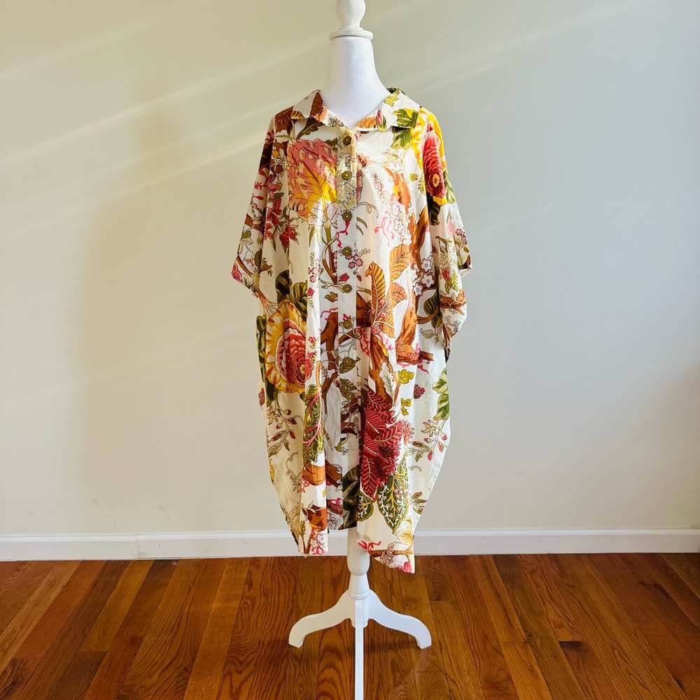 Garden Party White Floral Shirt Dress Kaftan - One size fits most Standard/Plus